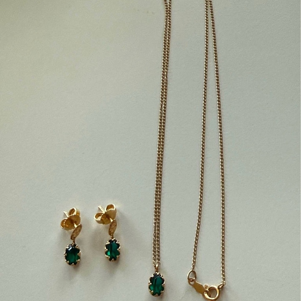 Vintage JMS 14k gold emerald earrings and necklace set